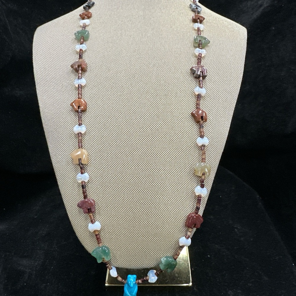 Fetish carved multi-stone baby bear w/ turquoise big bear 30 inch necklace